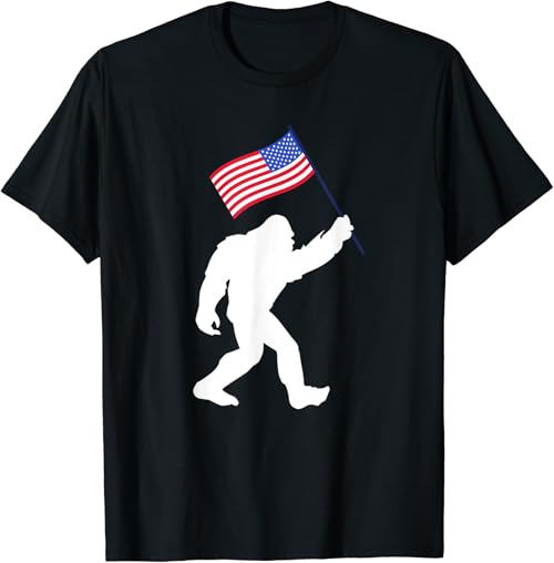 Bigfoot With American Flag Funny 4th Of July T-Shirt