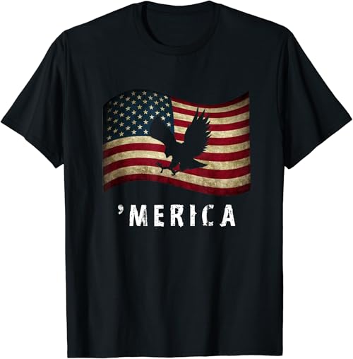 Merica 4th of July American Eagle Vintage Retro USA Flag T-Shirt
