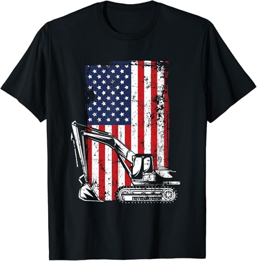 4th of July American Flag Construction Backhoe Excavator T-Shirt