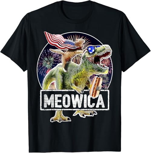 Meowica American Flag Cat T Rex Dinosaur 4th of July Kids T-Shirt