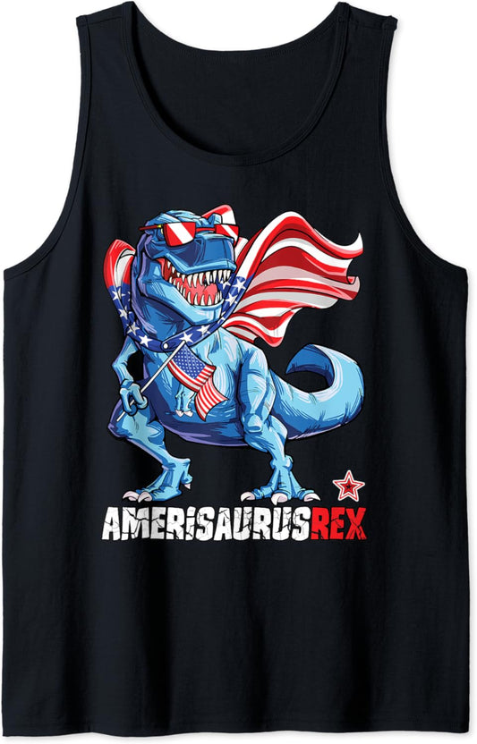 Dinosaur 4th of July Men Amerisaurus T Rex American Flag USA Tank Top