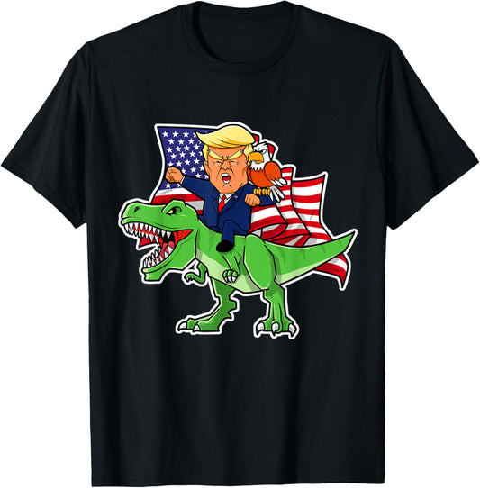 Trump Riding a Dinosaur TRex Patriotic Boys 4th July T-Shirt