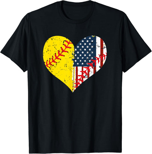 Softball Heart American Flag 4th Of July T-Shirt