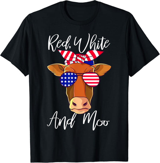 Red White and Moo Patriotic Cow USA Flag Funny 4th of July T-Shirt