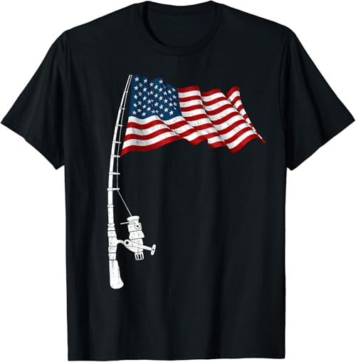 Vintage Fishing Rod American Flag Funny Fishing 4th of July T-Shirt