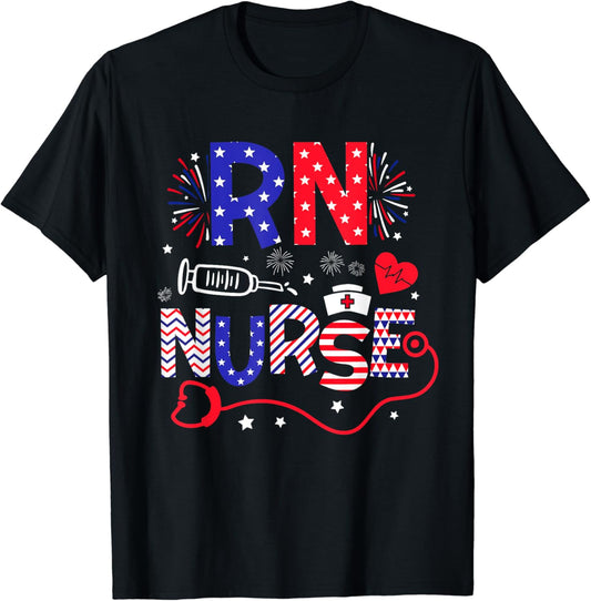 RN Nurse 4th Of July Patriotic American Flag Stethoscope T-Shirt