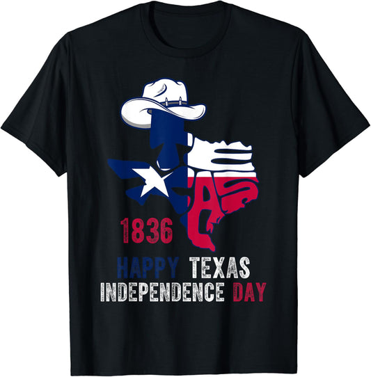 Texas Independence Day Since 1836 Map Of Texas & Cowboy Hat T-Shirt