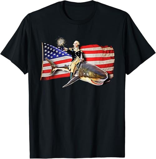 Washington Riding Shark T Shirt Funny July 4th American Flag T-Shirt