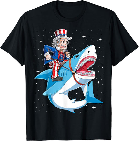 Uncle Sam Riding Shark T shirt 4th of July Men Boys Jawsome