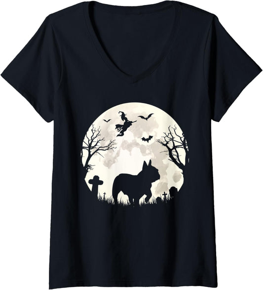 Womens Halloween Moon French Bulldog Costume Dog Lover Owner Gift V-Neck T-Shirt