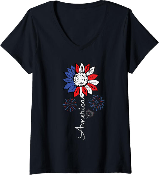 Womens America Sunflower 4th Of July Independence Day Patriotic V-Neck T-Shirt