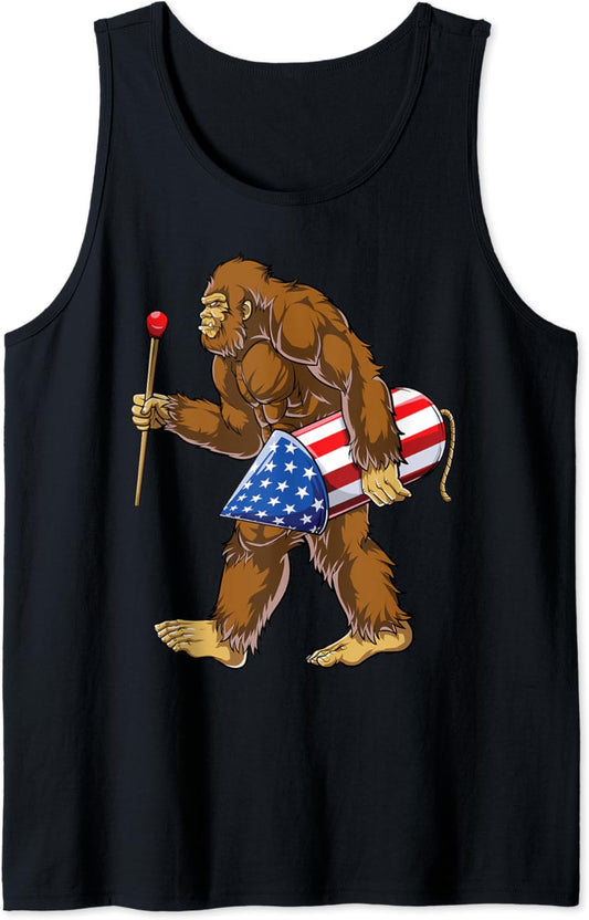 Bigfoot Fireworks 4th of July Men Sasquatch American Flag Tank Top