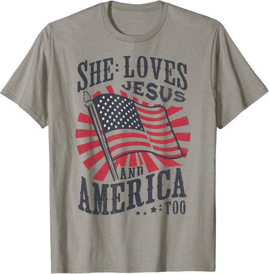 She Loves Jesus And America Too Flag Christian 4th Of July T-Shirt